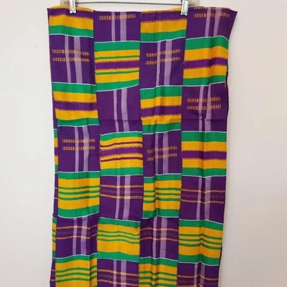 Kente Cloth Hand Woven Ghana Africa Purple Yellow Green 62 x 38 inches NEW